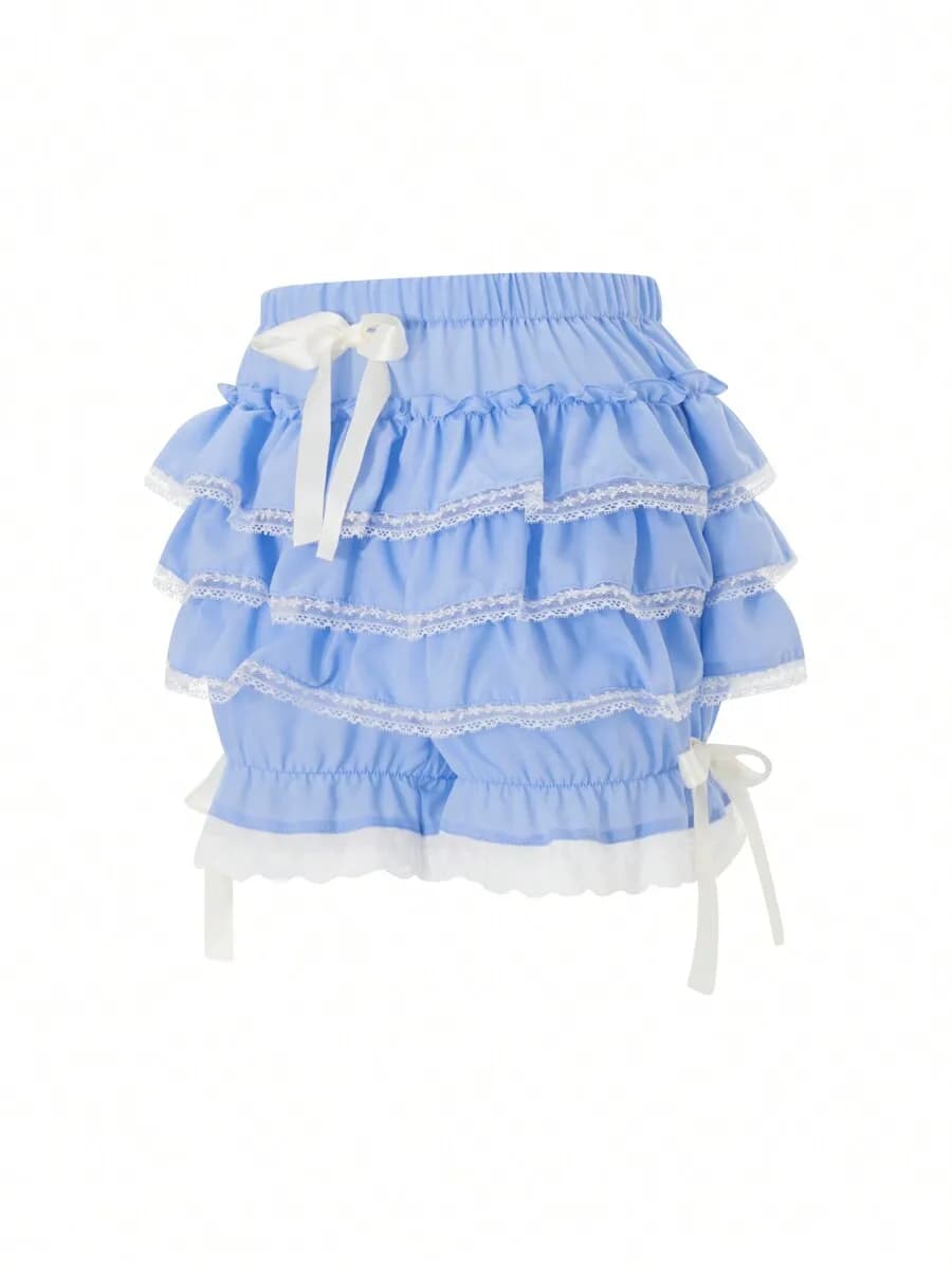 Women Y2k Lolita Tiered Ruffle Bloomers High Waist Shorts With Lace Trim