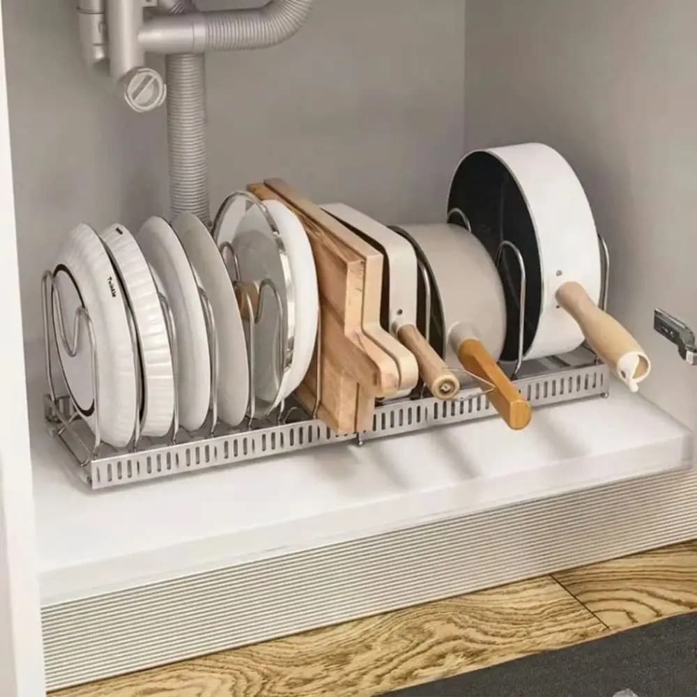 Sturdy Stainless Steel Pot Lid Storage Rack Smooth Polishing Multiple Separated Curved Brackets Cutting Board Holder