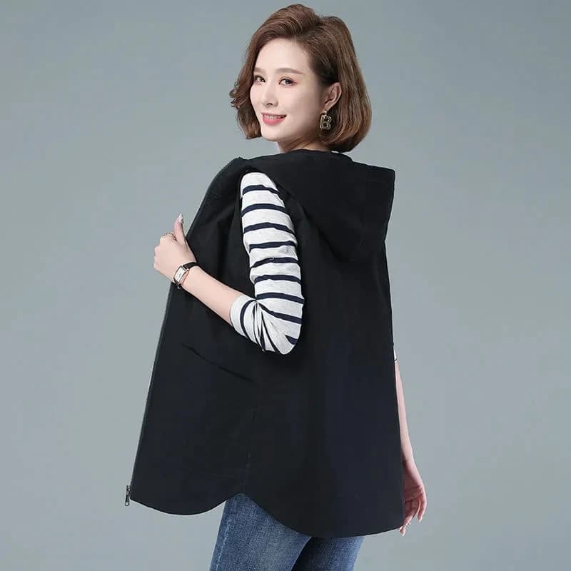 Gilet di media lunghezza Cappotto primaverile da donna 2025 Nuova giacca gilet senza maniche moda coreana Gilet femminile con cappuccio casual Capispalla con cerniera
