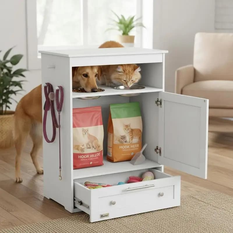 PawHut Pet Feeding Station, Pet Supply Storage Cabinet, with Food Bowls, Leash Hooks, MDF, White