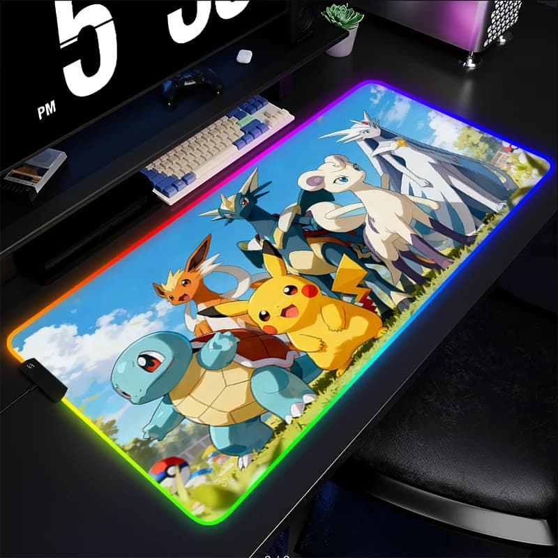 Tappetino per mouse in gomma RGB di grandi dimensioni P-Pokemon Gamer Keyboard LED Mousepad Anime Tappetino per scrivania per computer Tappetino per mouse retroilluminato per LOL