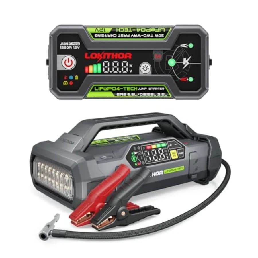 Avviatore di emergenza J1350 PRO LiFePO4 da 1350 Amp per uso automobilistico, con scocca in alluminio nero, design ultra-compatto e doppie porte USB.