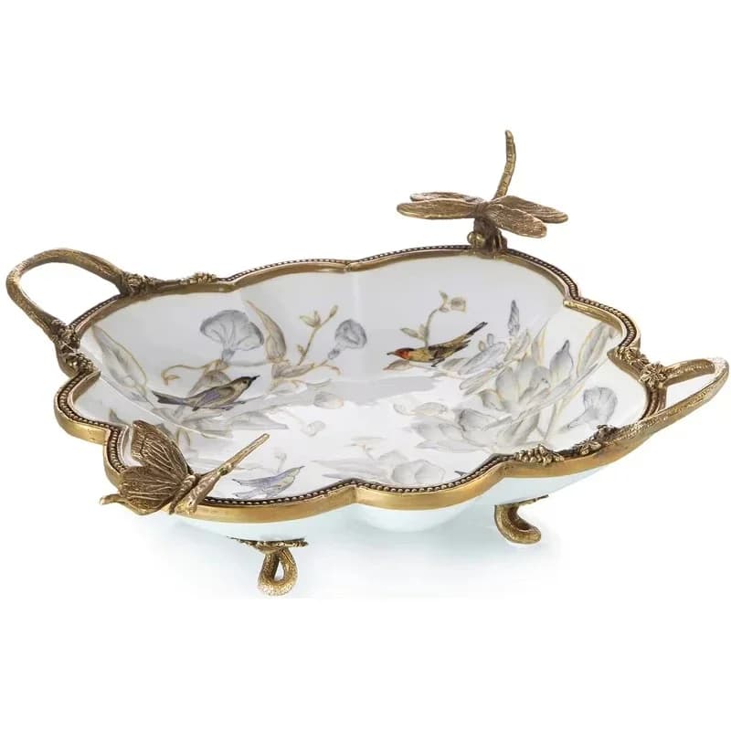 Nuovo vassoio in ceramica bianca, decorazione di lusso, contenitore con manico in rame per conservare frutta secca