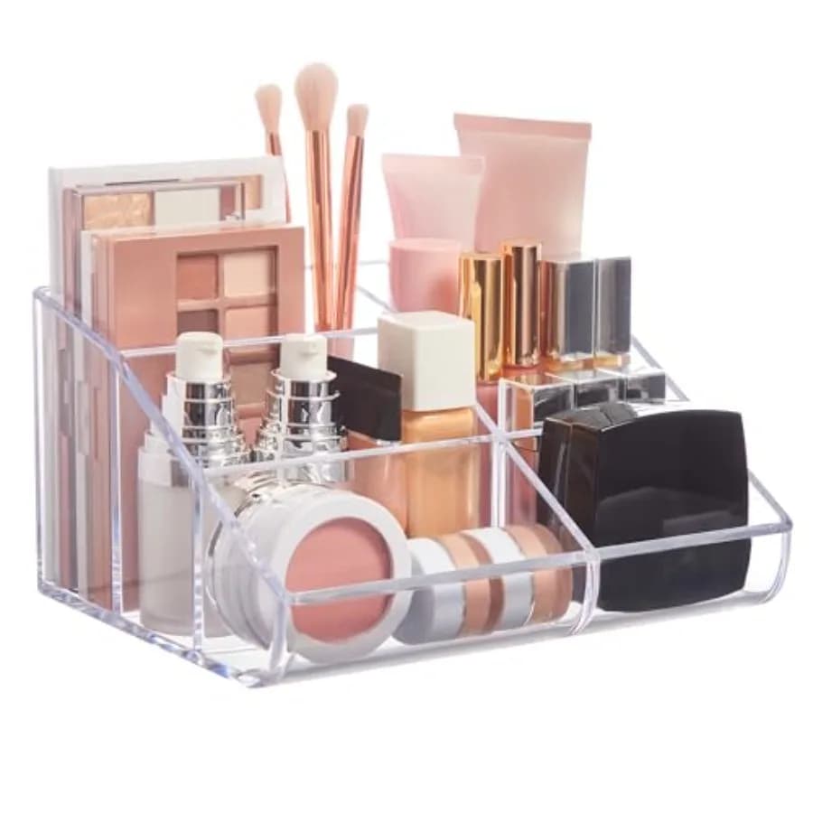 Organizer per Trucchi in Plastica Trasparente con 6 Scomparti per Pennelli, Palette Ombretti e Prodotti di Bellezza, Fronte Curvo