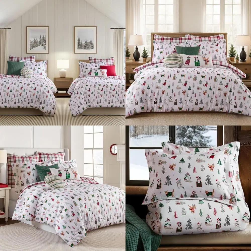 King cushion set in polyester Holiday Cats with 2 shelves - Red, White, Green - Reversible