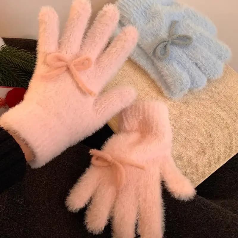 Plush Cute Butterfly Knot Knitted Gloves For Women In Winter, Anti Freeze Cycling Warmth Gloves Five-finger Gloves