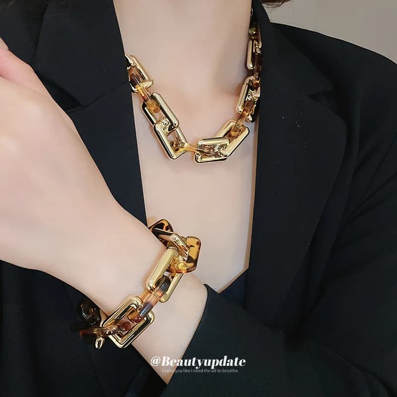 Leopard print square chain ring-lock earrings necklace bracelet set vintage fashion collarbone chain niche accessory for women