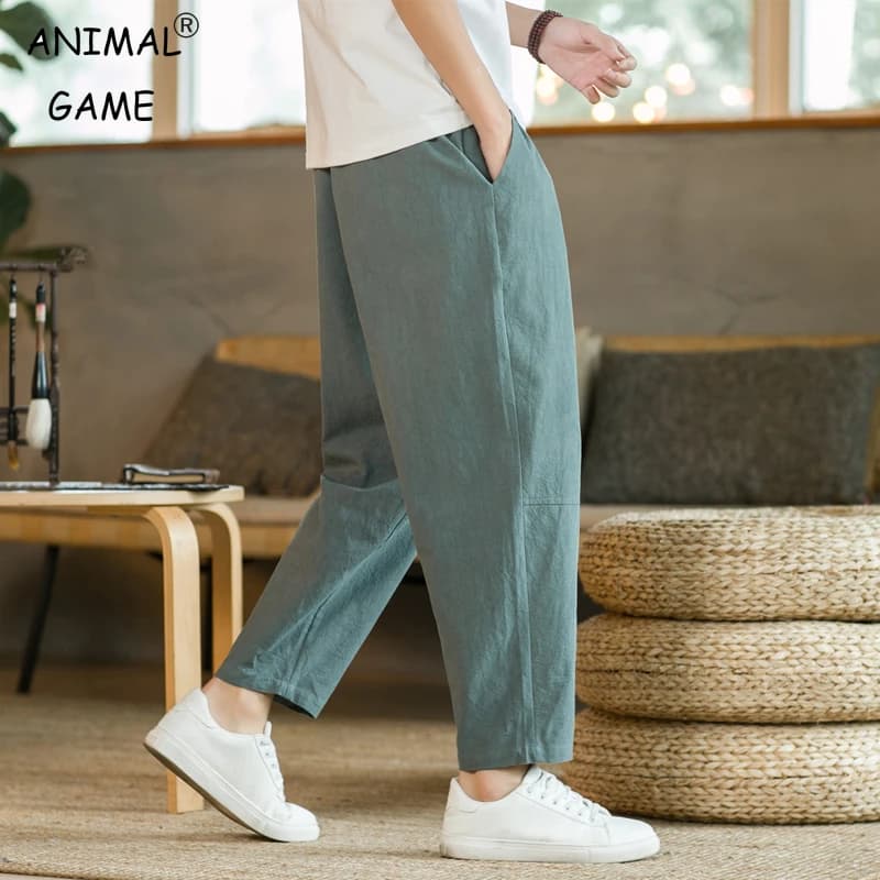 Pantaloni da Uomo in Cotone e Lino, Casual alla Moda, Tinta Unita, Traspiranti, Larghi, con Coulisse, Stile Streetwear
