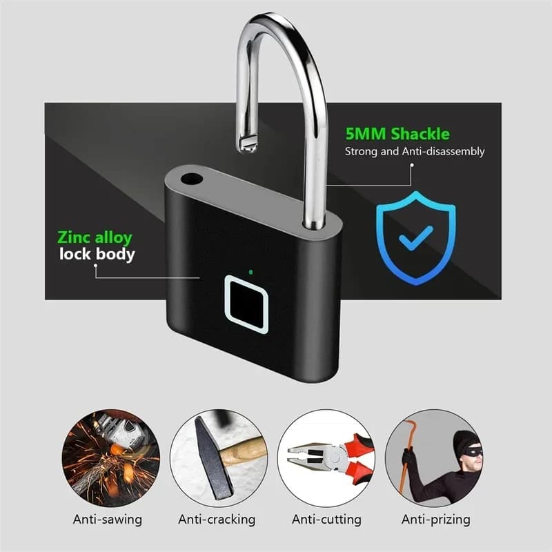 2026 NEW Fingerprint Lock Keyless USB Charging Smart Padlock Waterproof Door Lock 0.2sec Unlock Portable Anti-theft Padlock Zinc