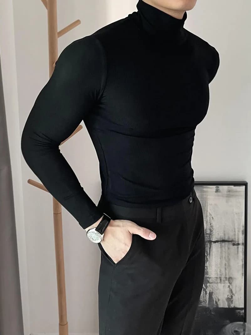 Maglia a maniche lunghe elasticizzata slim fit da uomo, abbigliamento sportivo con collo alto, maglia base aderente e calda, top giovanile alla moda