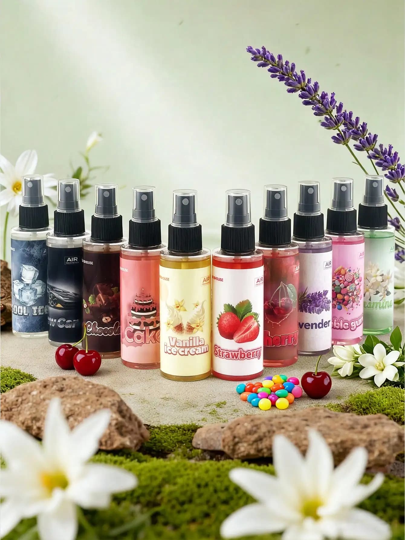 Deodorant Auto Spray with Sweet and Floral Fragrances - Vanilla, Strawberry, Lavender, Cherry, Chewing Rubber - for Home, Office, Gym