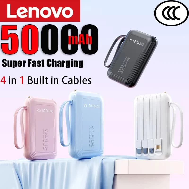 Lenovo Mini 500000mah Powerbank Super Fast Charging Led Digital Display 4 In 1 Built In Cables PowerBank For Iphone Samsung 2026