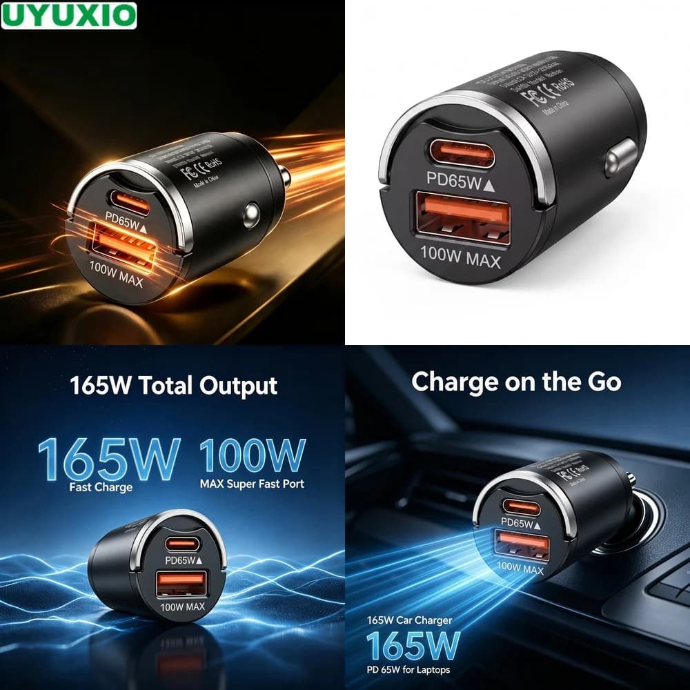 165W Two Port Car Charger Dual Output 65W USB C 100W USB A Charging Heat Resistant Zinc Alloy Body for Cars Trucks SUVs and Vans