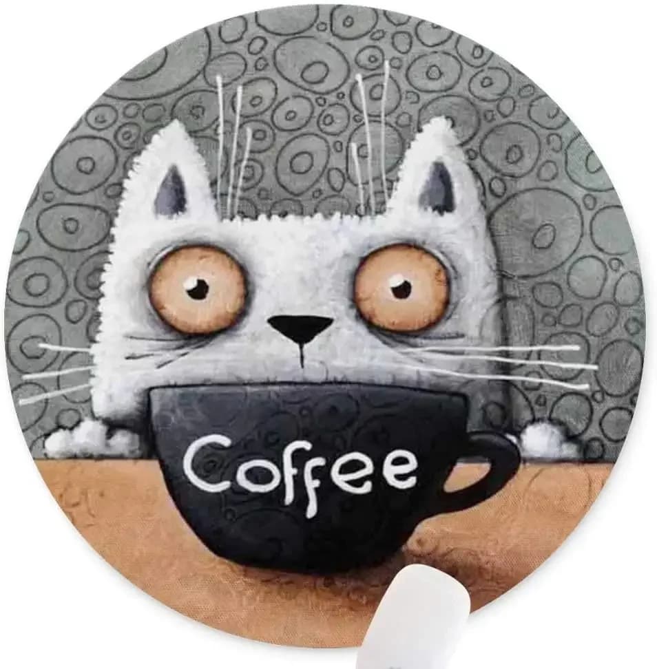 Anti-slip rubber round mouse pads Cartoon Coffee Cat Play mouse pad for home gifts and office work 7.9 x 7.9 inch