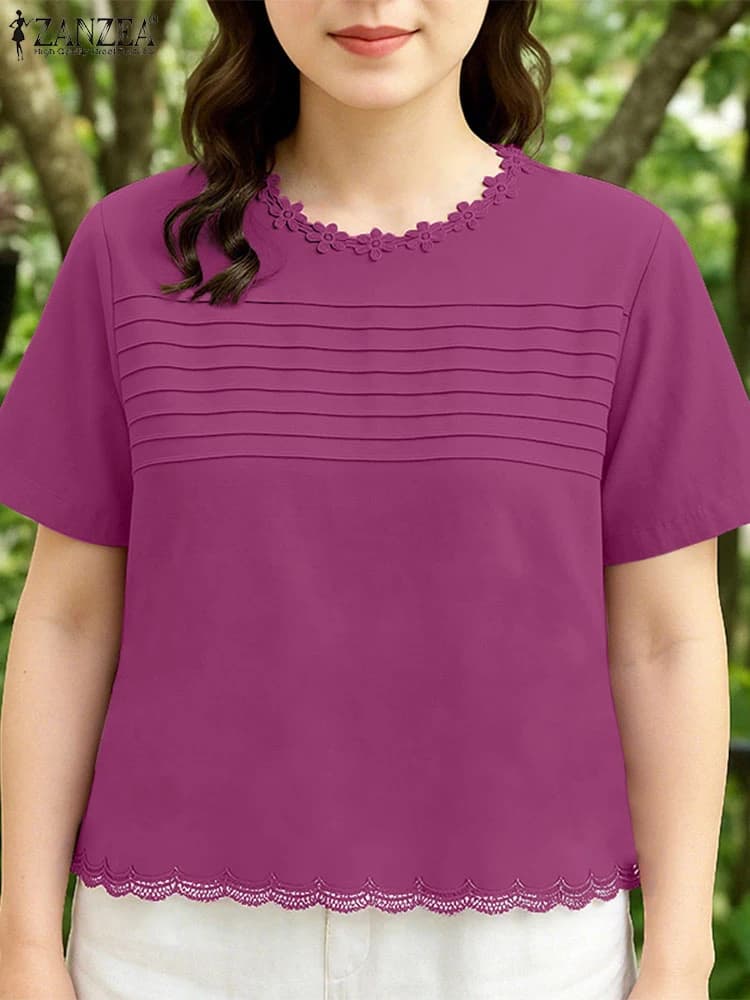 2025 Camicetta estiva con finiture in pizzo ZANZEA Donna Elegante O Collo Manica corta Top da lavoro Moda Vacanza Blusas Camicia allentata casual Mujer