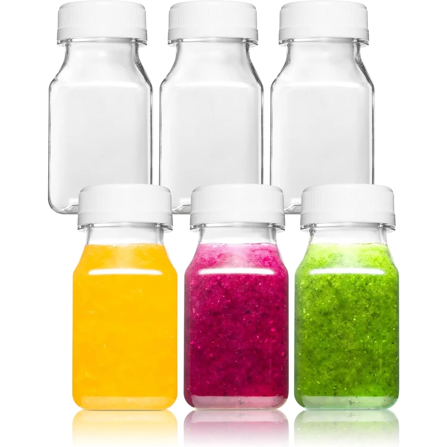 PrimeSelect Bottiglie Piccole in Plastica con Tappi Neri per Liquidi - Coperchi per Shot di Zenzero, Sicure per Congelatore, Grado Alimentare, Confezione da 6