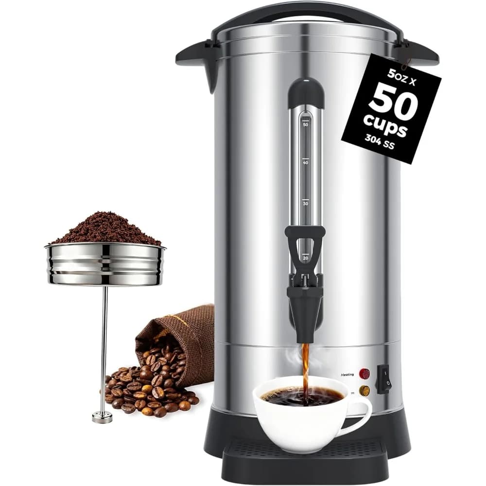 Caffettiera Elettrica Commerciale da 950W, 50 Tazze, 8.3L, in Acciaio Inossidabile, con Funzione Percolatore e Dispenser Acqua Calda a Preparazione Rapida