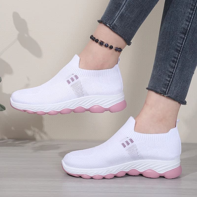 Geometric Jacquard Accent Sock Knit Slip-On Flats, Curved Bump Edge Outsole, Flexible Knitted Upper Long Time Daily Walking Shoe
