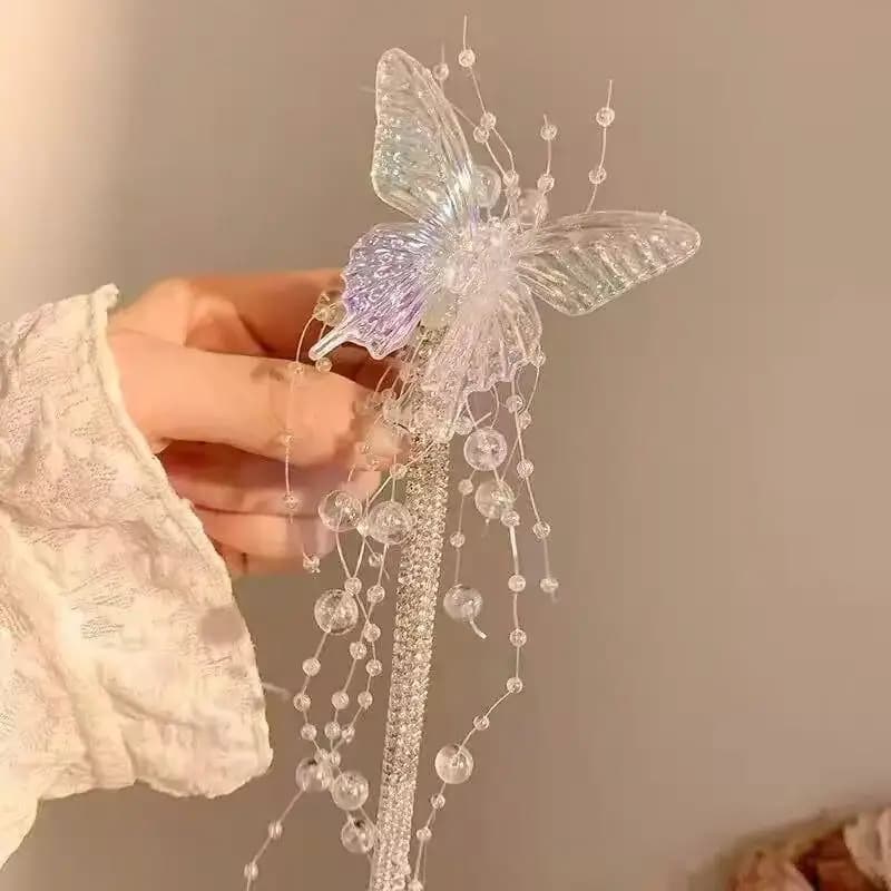 Long butterfly hair clip with beads and tassels for woman, fairy style, sweet princess, fashion wedding accessory