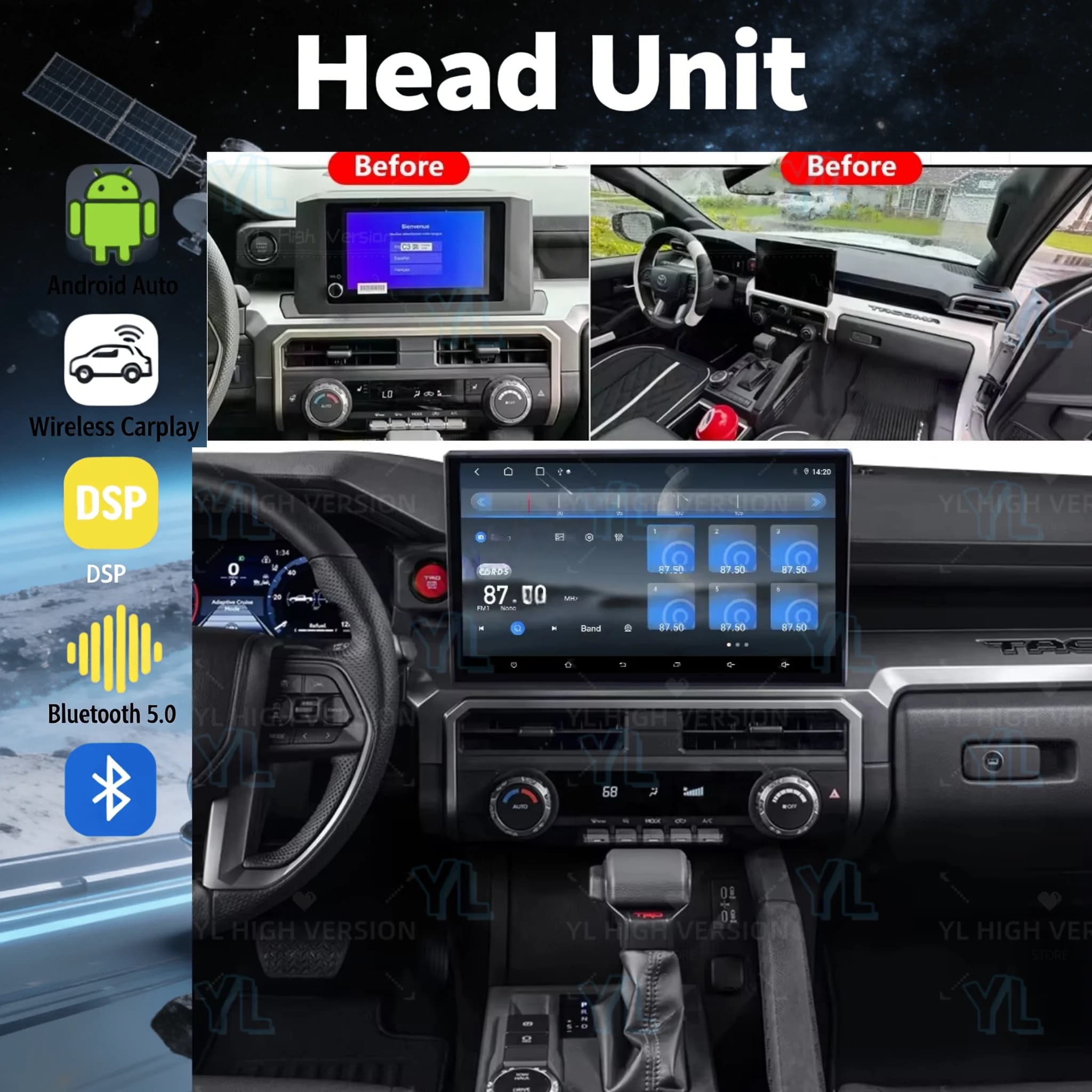 Autoradio Android 13.0 per Toyota Tacoma 2024 con Carplay, Registratore Audio, Navigazione GPS, Multimedia, WiFi, 4G LTE, BT
