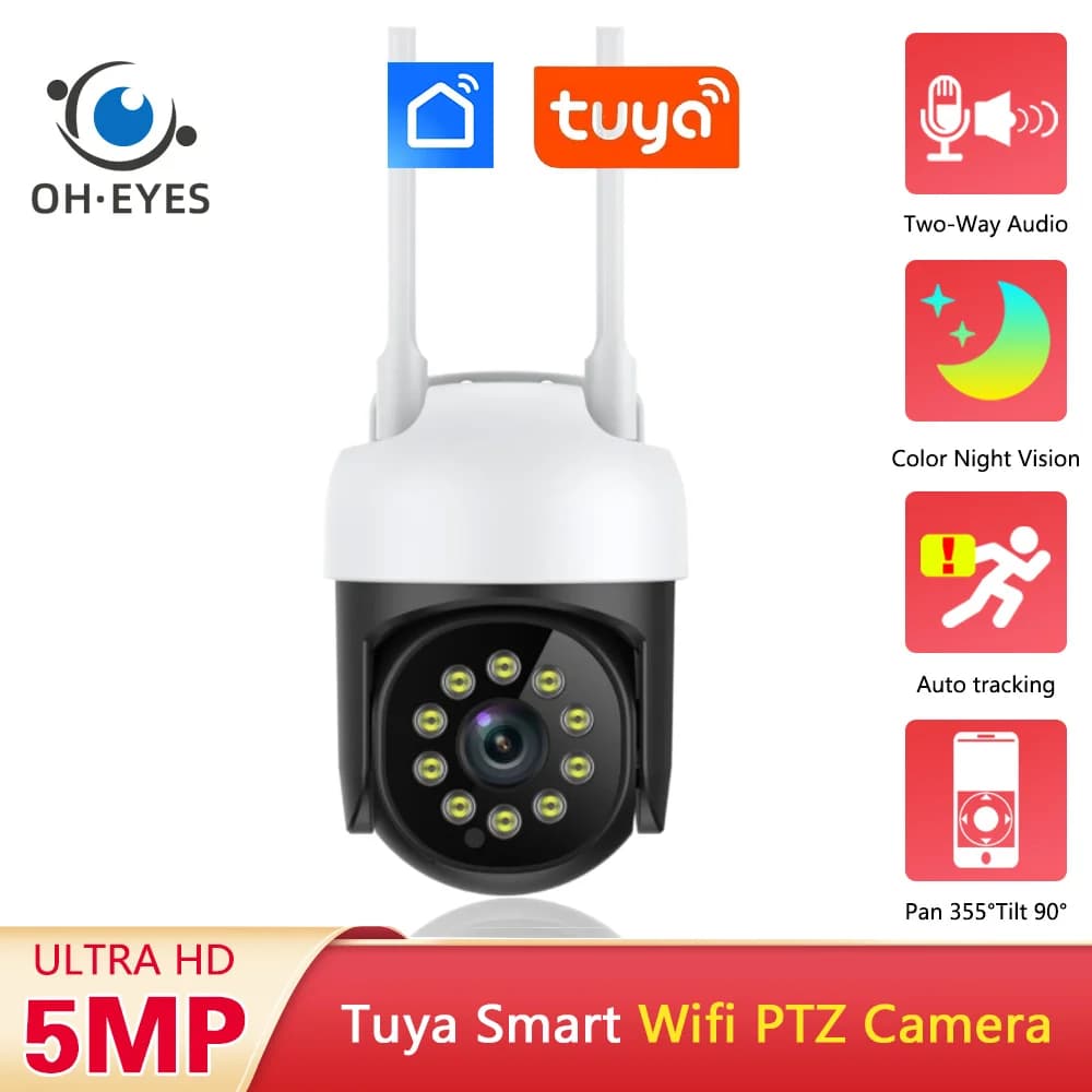 Tuya Wifi PTZ Telecamera di sicurezza IP esterna 5MP Smart Life visione notturna a colori Telecamera di videosorveglianza CCTV PTZ wireless 2 vie Au