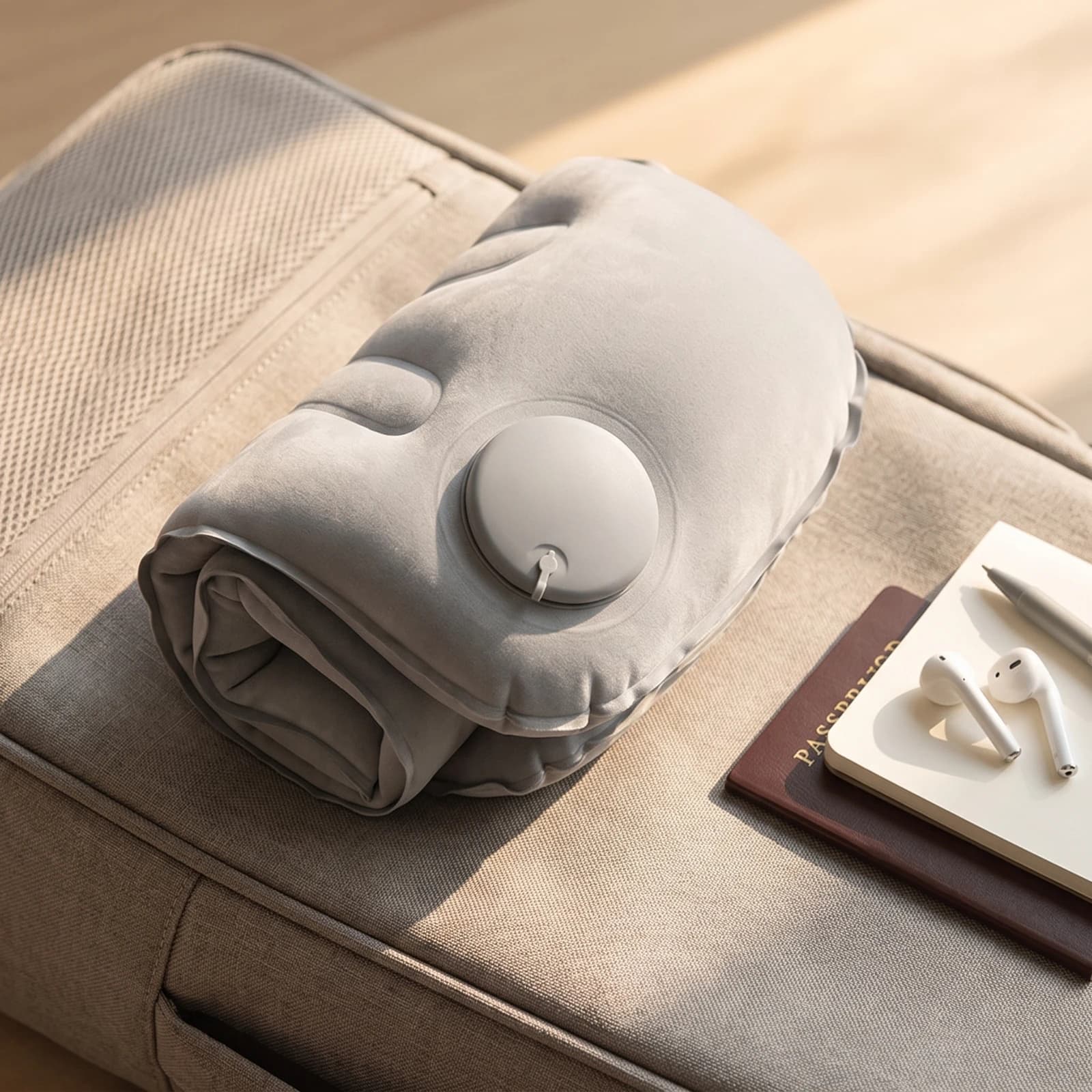 Inflatable Travel Pillow Portable Pillow with Flocked Surface Cushion with Support Channels Space-Saving Comfortable