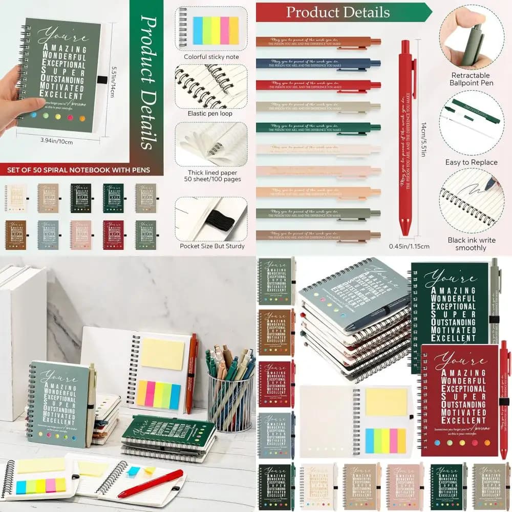 50 set di quaderni a spirale ispirati da 100 pagine con note adesive - Regalo sfuso per l'aprezzamento dei dipendenti di Natale e la squadra Th