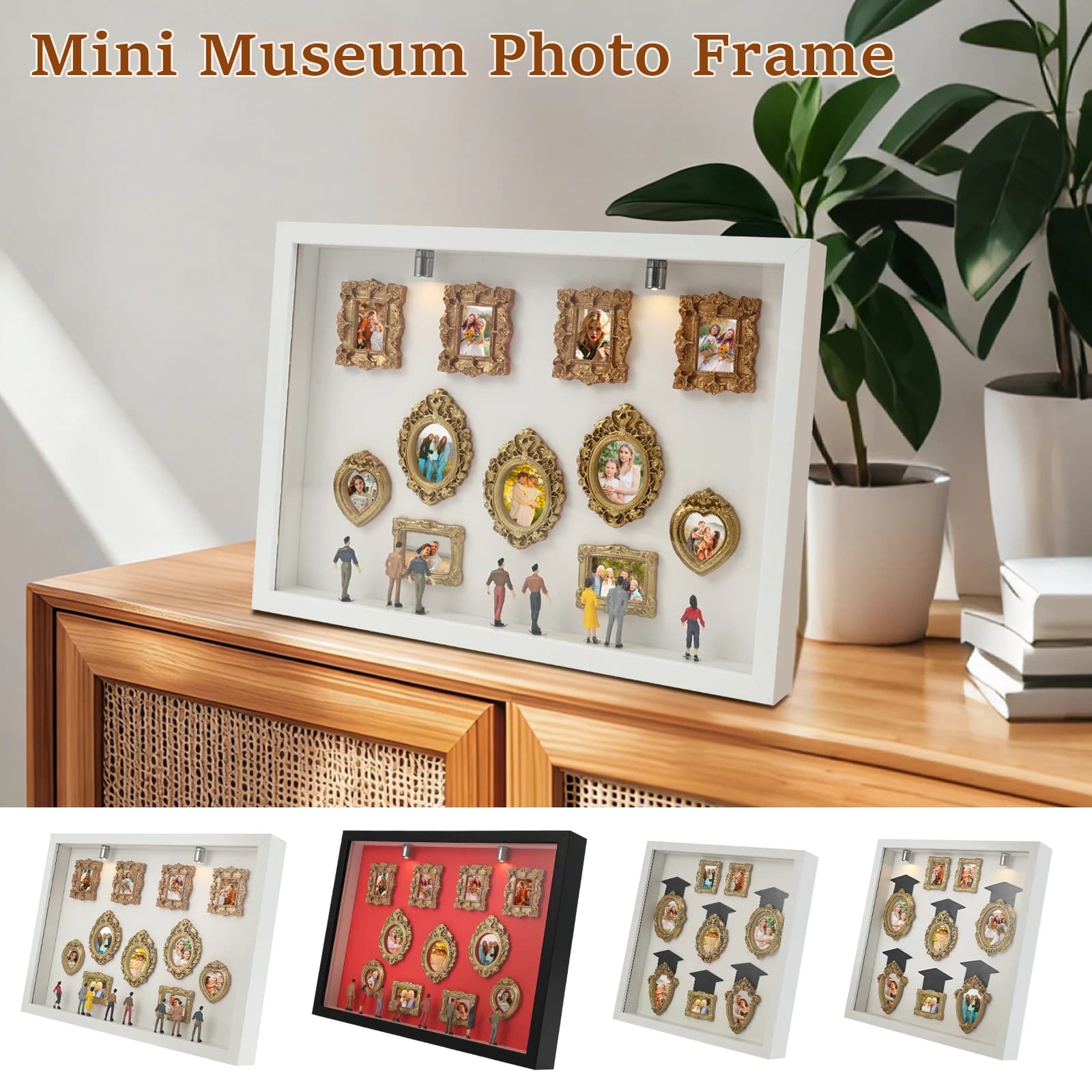 Mini Museum Silhouette Box: Photo Frame with Light and 8 Miniature figurines, Desk Frame for Home