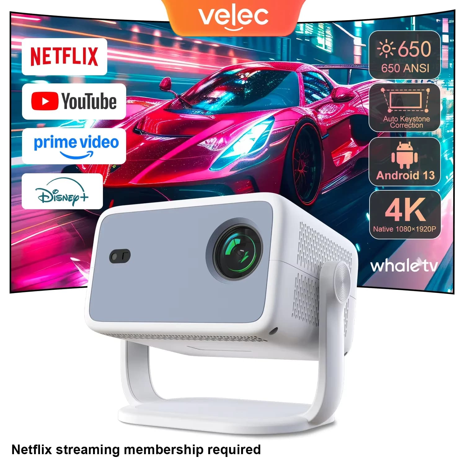 Proiettore Velec Beam TP350 Nativo 1080P 4K Full HD BT Android13 con Autofocus, Proiettore Portatile per Home Cinema e Uso Esterno