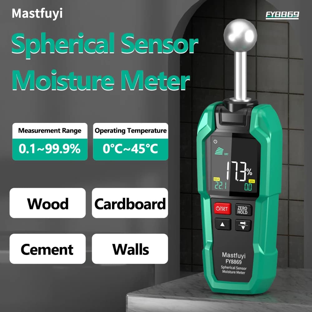 MASTFUYI Spherical Sensor Moisture Meter, Non-destructive, High Accuracy, Dual Alarm for Wood, Concrete, Wall Humidity Detection
