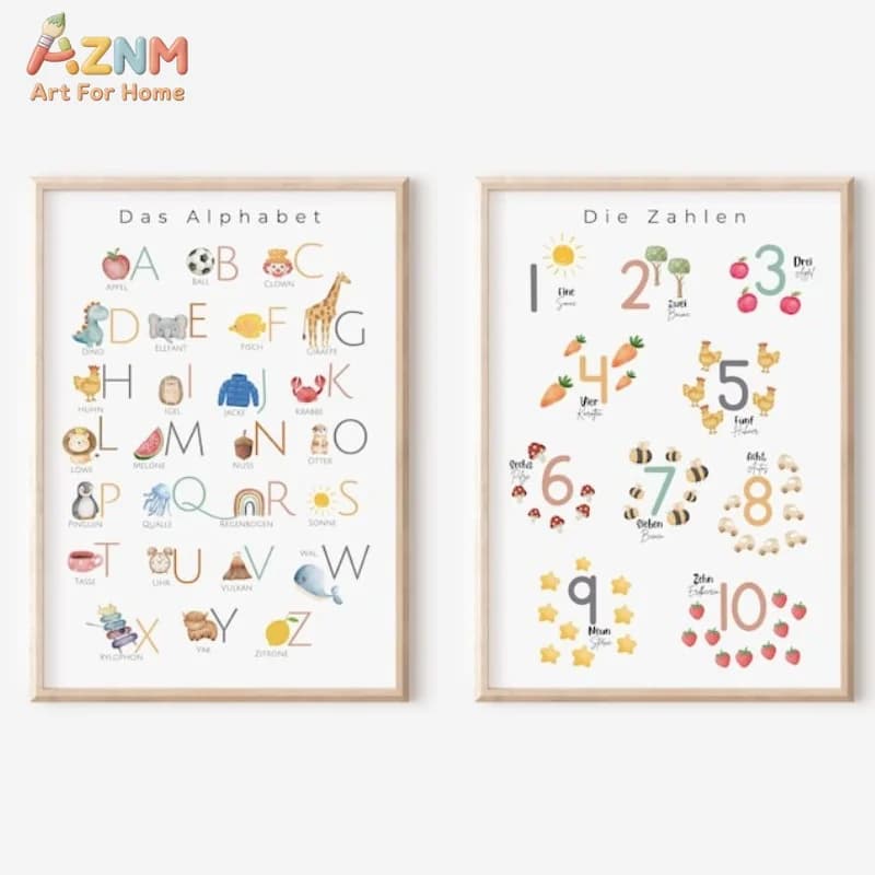 AZNM German Alphabet Numbers Canvas Wall Art, Das Alphabet Die Zahlen Watercolor Print, Kids Nursery Educational Home Decor Post