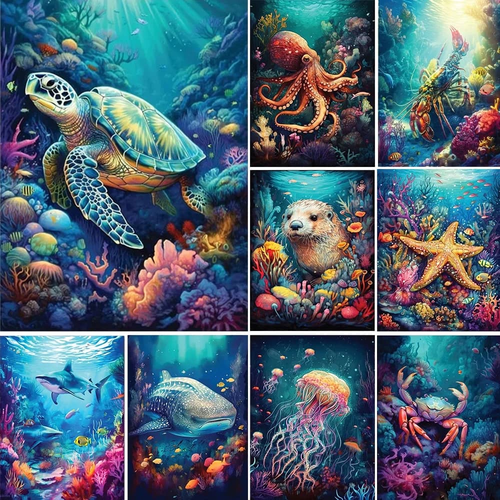 Mondo sottomarino Pittura diamante Delfino Tartaruga Medusa Granchio Punto croce Kit Paesaggio Mosaico Ricamo Immagine Decorazioni per la casa