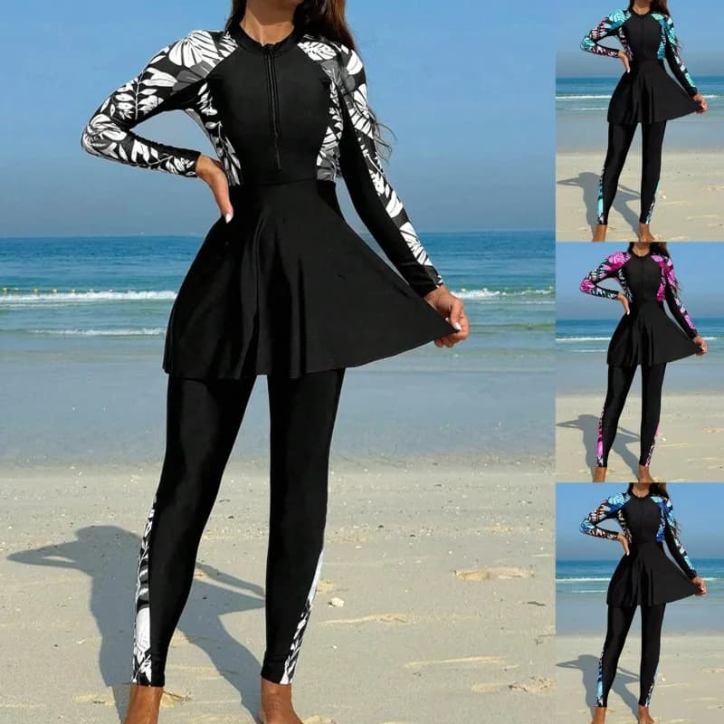 Conservative Islamic Swim Set 2Pieces Long Sleeve Rash Guard High Waist Swim Leggings Anti UV Lightweight Ladies Surfing Costume