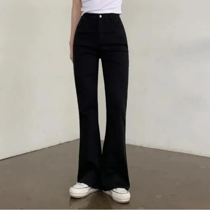 High Waist Flared Jeans Women's Chic Black White Pure Color Elastic Bell Bottom Pants Slimming Versatile Casual Denim Skinnies