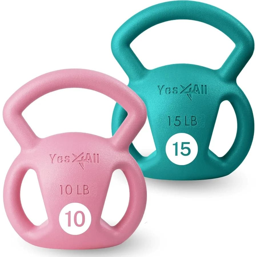 Green Kettlebell 10 pounds pink + 15 pounds, kettlebell for strength training for women, large multi-hand structured handle for gym exercises at home