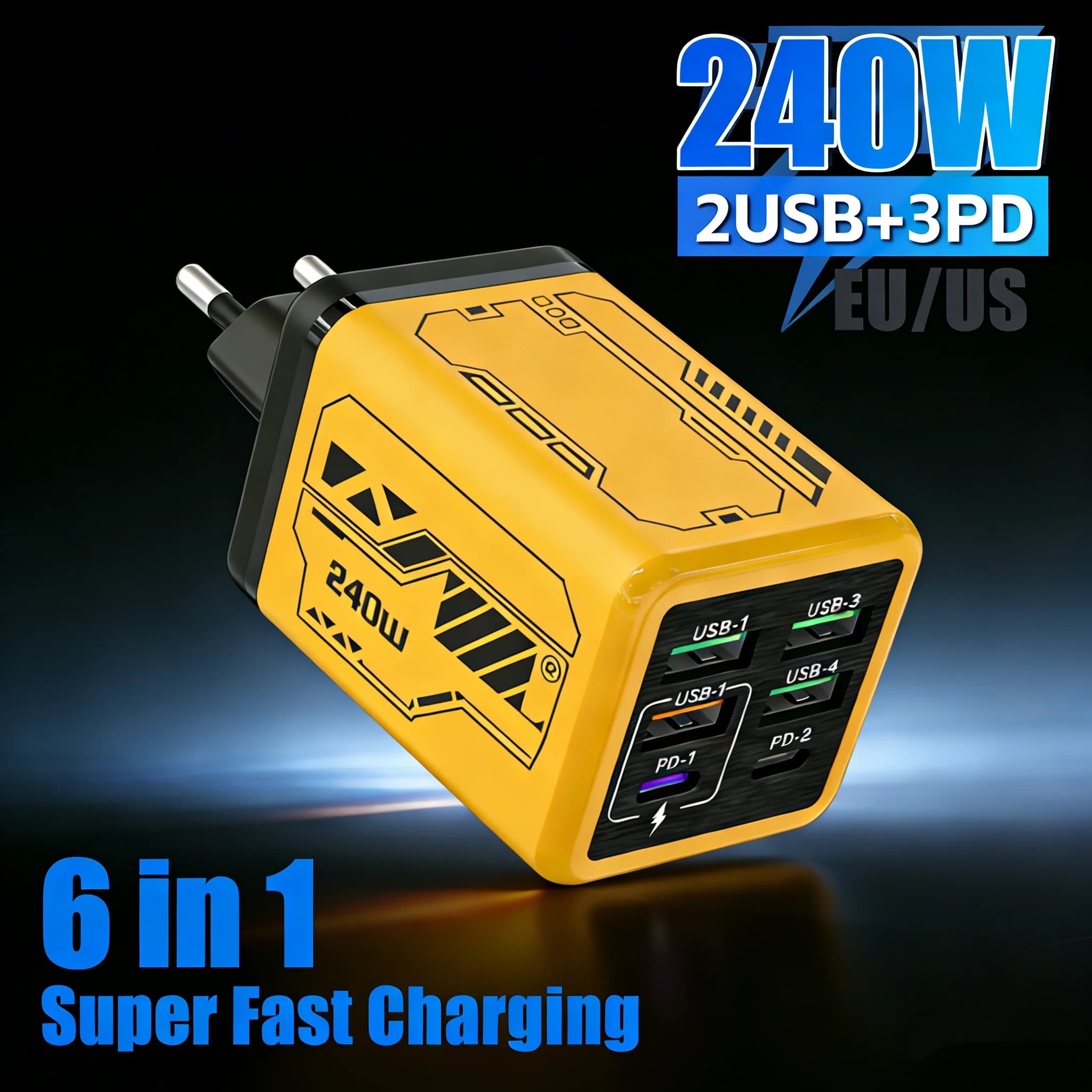 Adattatore di ricarica rapida USB multiporta da 240W con 2 porte PD per iPhone 16 15, porta Type-C per Samsung Xiaomi, accessori per presa di corrente.