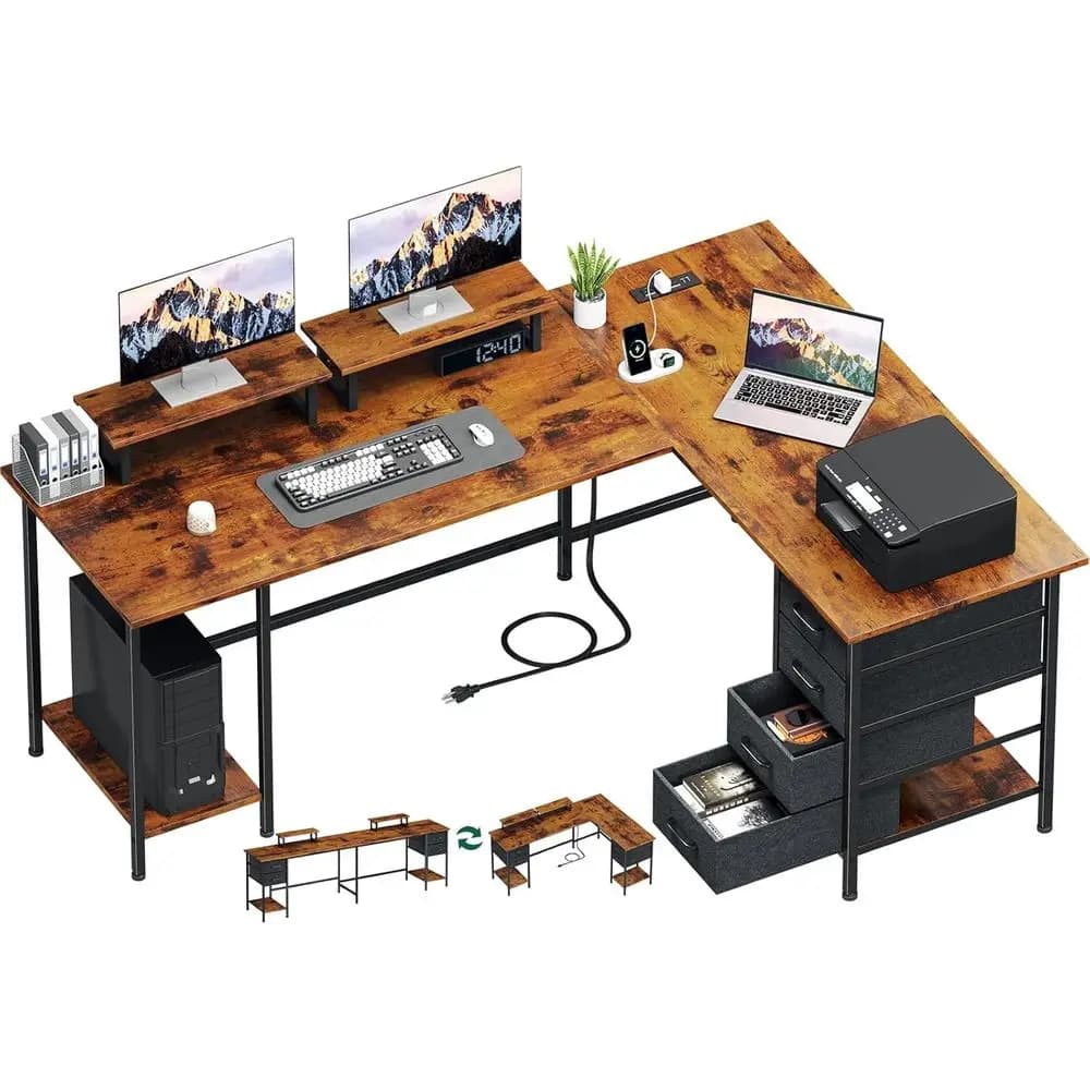 66 L-shaped computer desk with power sockets, 4 adjustable drawers and 2 monitor supports, rustic brown for home office and games