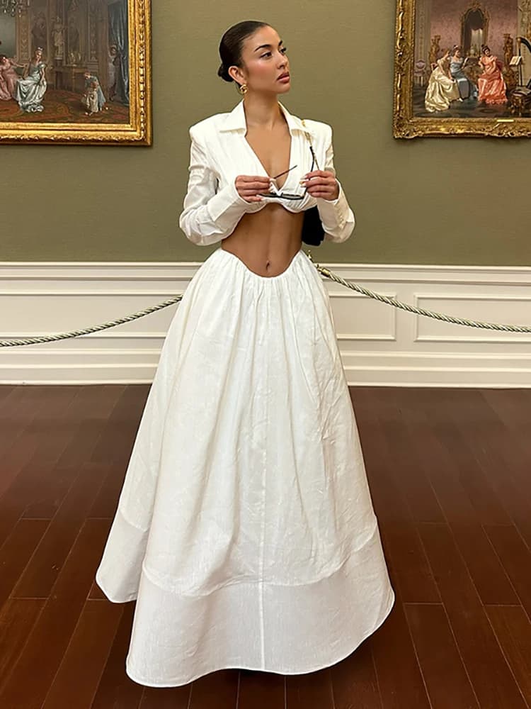 Gonne bianche da donna Set da due pezzi Sexy scollo a V maniche lunghe Top corto + Gonne lunghe a trapezio Abiti da sera per feste