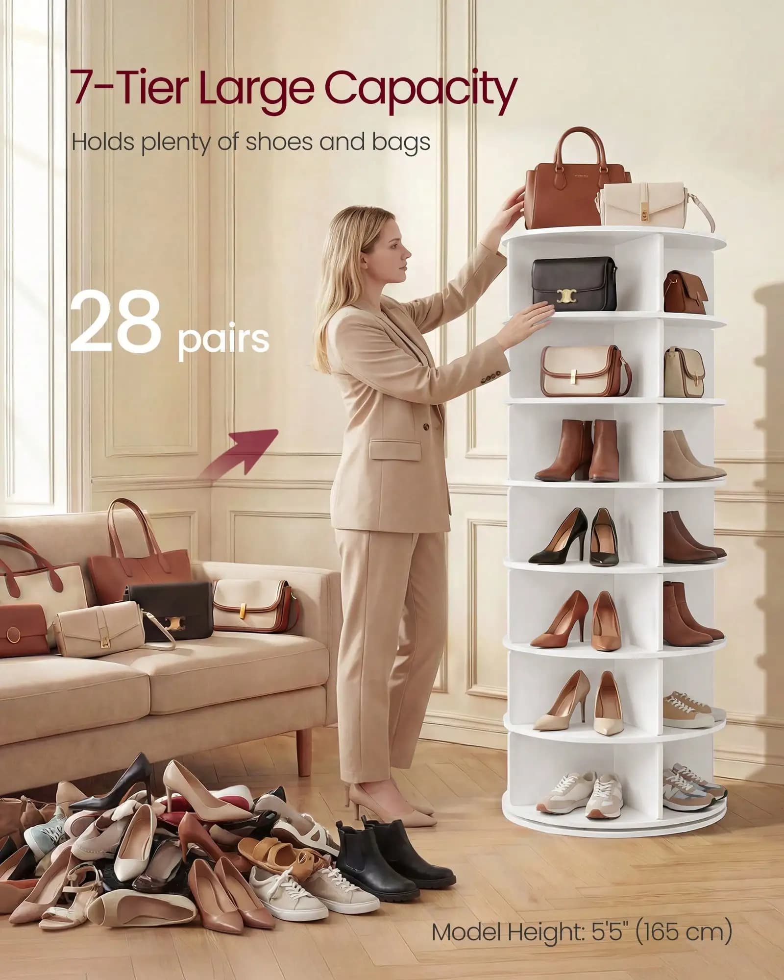 7-Tier Rotating Shoe Rack Tower, Free Standing 360 Degree Spinning Shoe Organizer, Lazy Susan Bag Display Storage Rack, For Corners, Closets, Small Spaces SR260327144255494932260