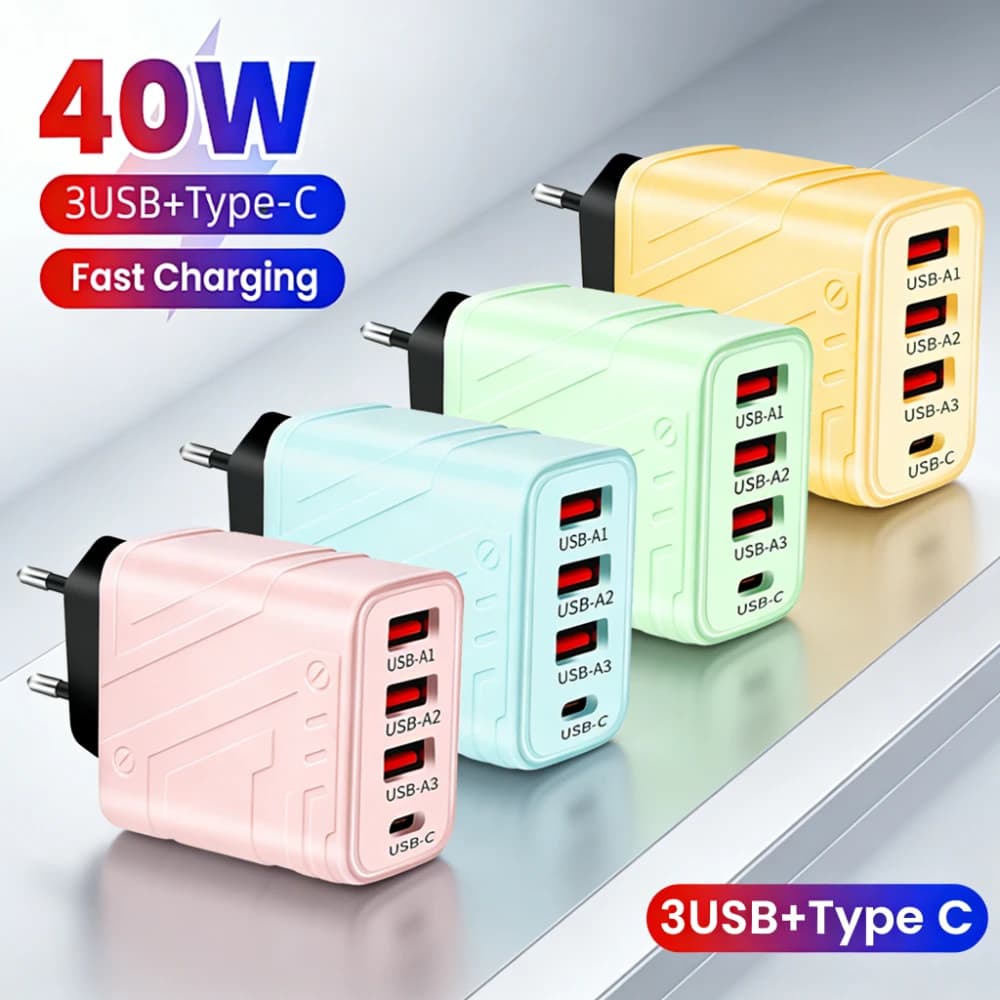 Caricatore USB a 4 porte da 40W, caricatore rapido per telefono, adattatore di alimentazione per iPhone, Samsung, Xiaomi, Huawei, con spina EU/US, caricatore rapido da parete.