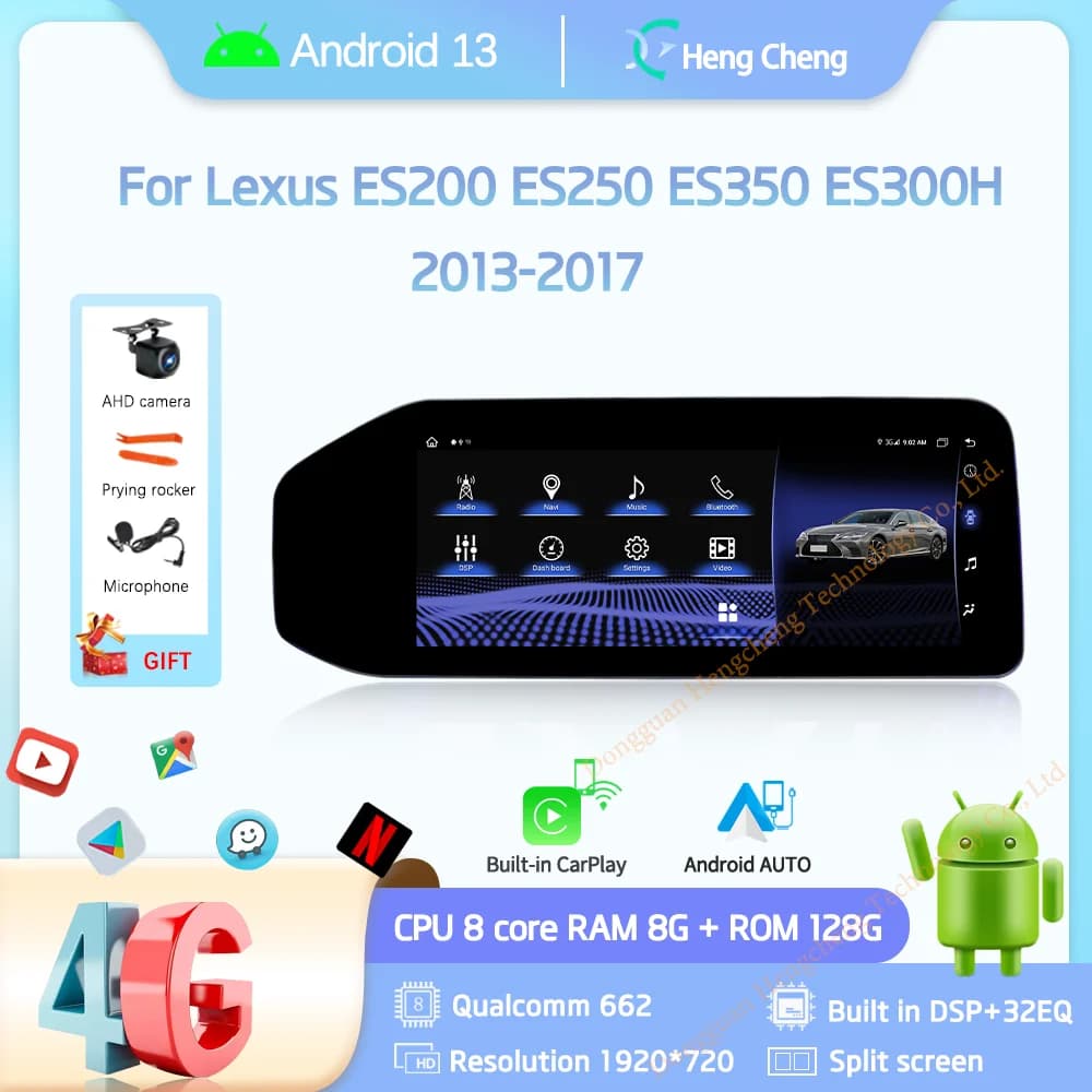 For Lexus ES200 ES250 ES350 ES300H 2013-2017 Car Multimedia Player 12.3" GPS Navigation Android13 8+128G CarPlay 4G 360Camera