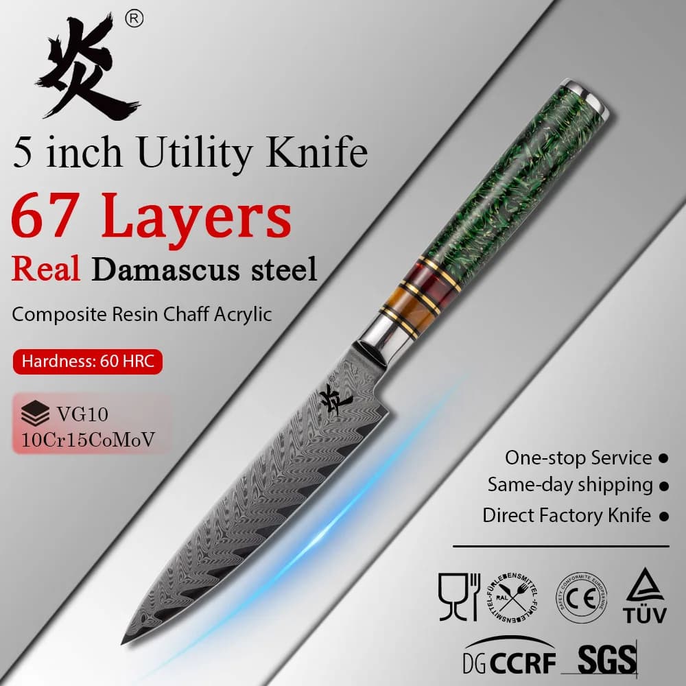 YAN Hot Sale Kitchen Knife 67 Layers Damascus Stainless Steel VG10 Utility Knives Composite Resin Chaff Acrylic Handle Gift Box