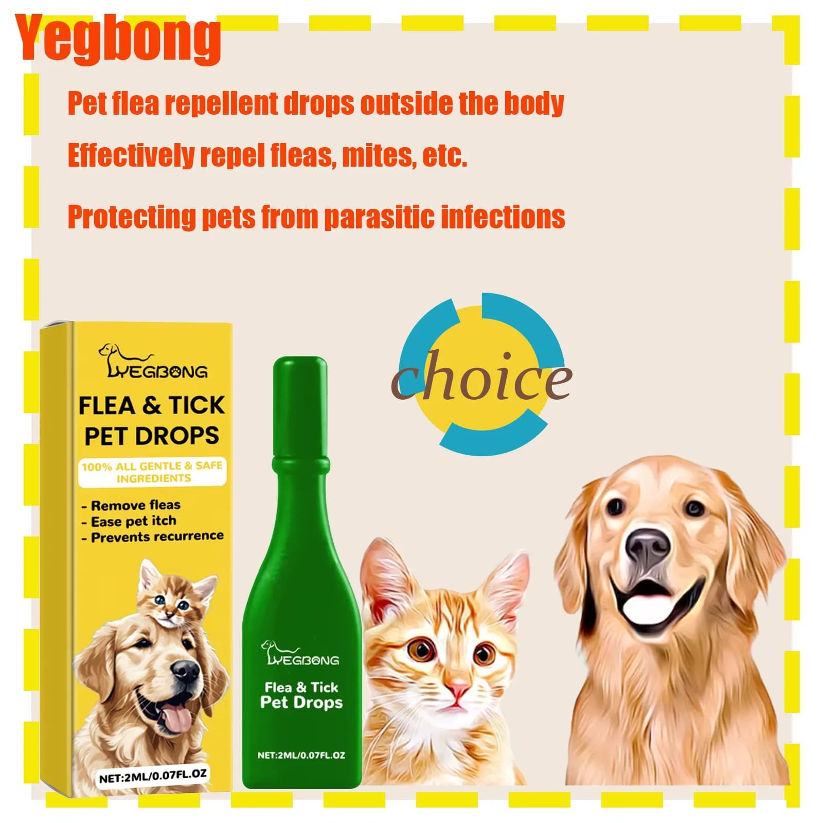 Yegbong Gocce repellenti per insetti esterni per animali domestici - Tuco per pulci Pidocchi Acari Killer per cani Gatti - Cura antipruriginosa per la pelle
