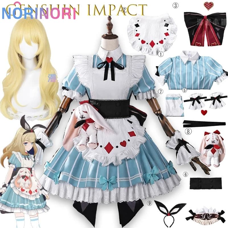 Costume da Cosplay di Alice di Genshin Impact, Abito per Feste in Festa di Halloween, Giochi di Ruolo per Donne e Ragazze con Copricapo ‌ Miliastra Wonderland