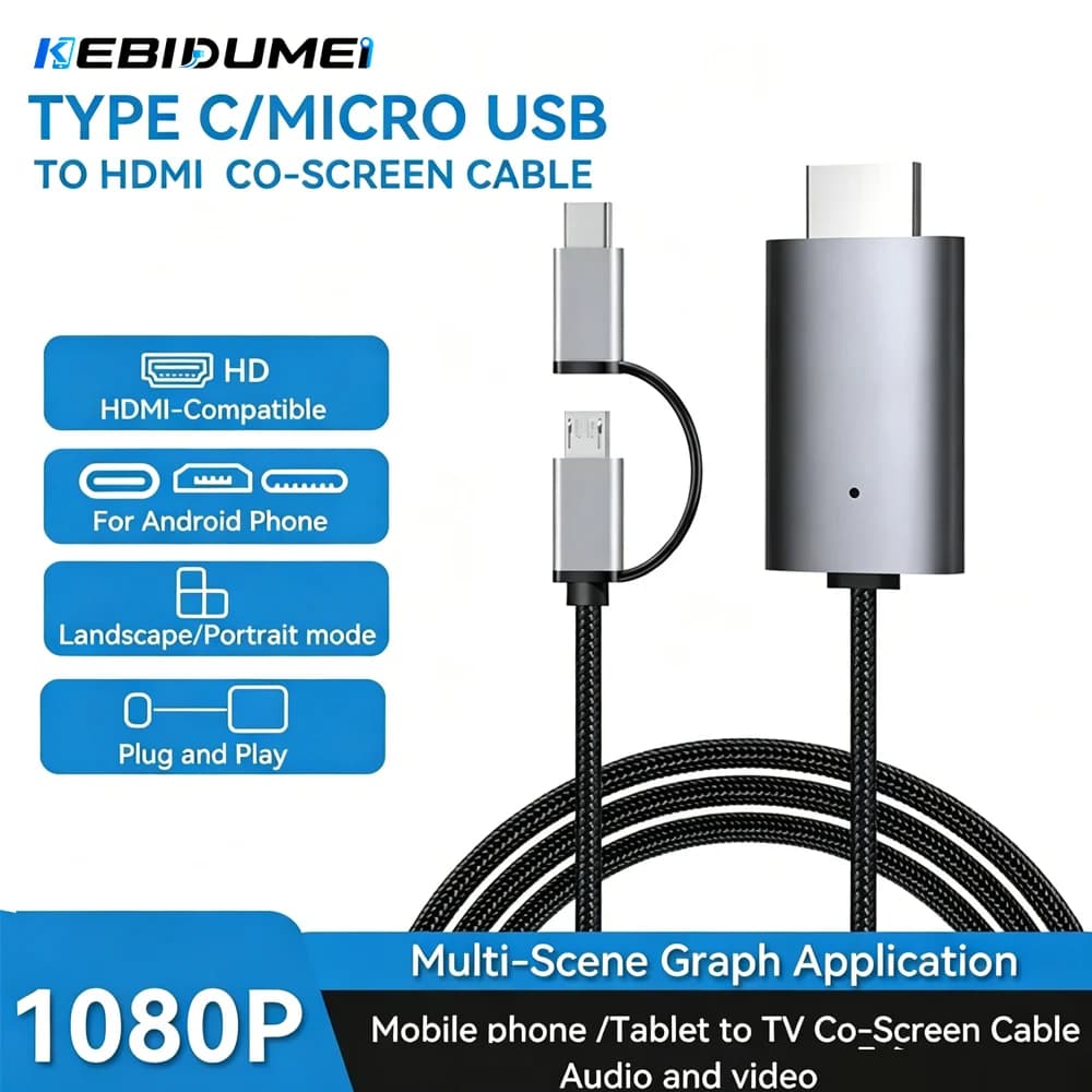 KEBIDUMEI LD39 Wire HD Type C/Micro USB to HDMI-Compatible Cable Streaming Display TV Stick Dongle for Android Phone Tablet