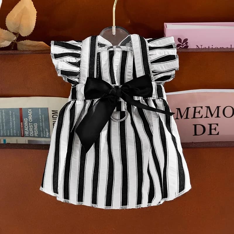 Vestiti stile Hepburn per animali domestici Teddy Abito con fiocco grande Gonna con guinzaglio per cani di piccola e media taglia Bichon Abiti estivi a righe verticali