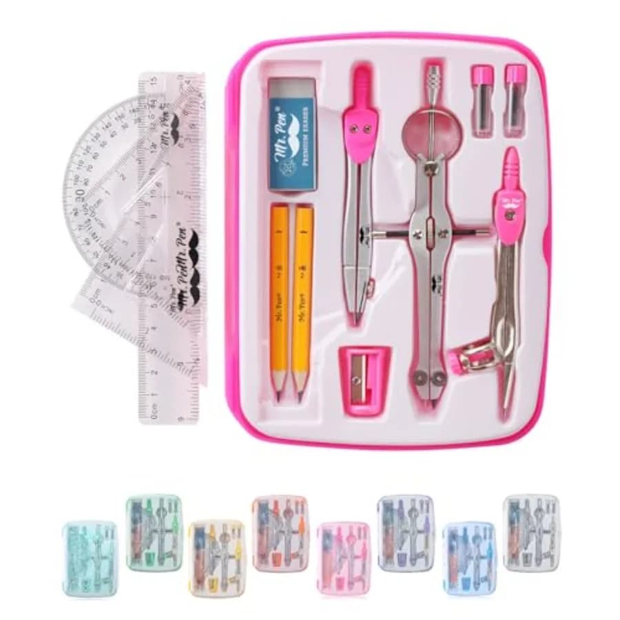Geometry Set, 13 pcs, 3 Metal Compasses, Protractor, 6" Ruler, 45° and 30°/60° Set Squares, Pencils, Lead Refills, Sharpener an