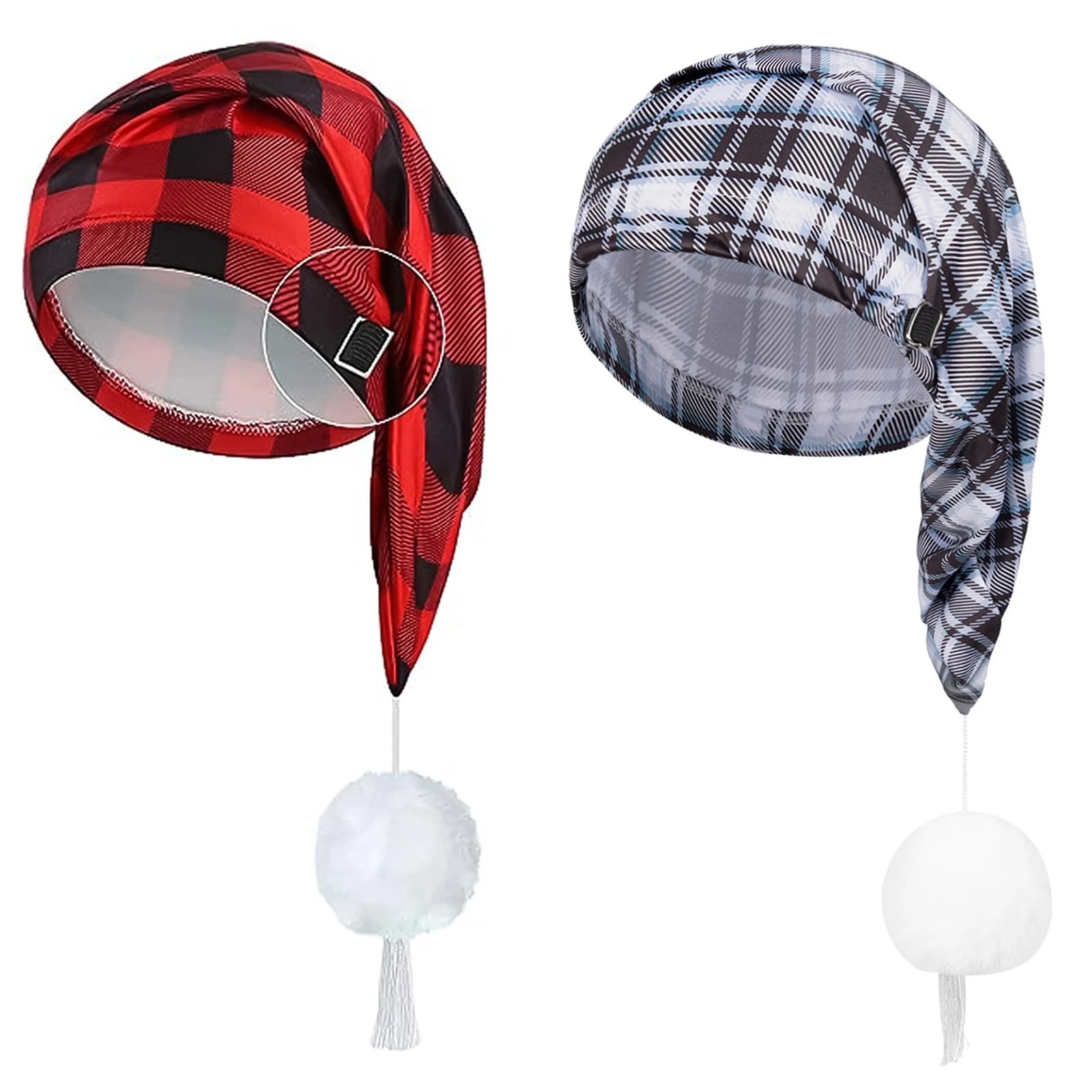 Pack of 2 unisex hats for men and women, adjustable, with Scottish pattern, for sleeping, with pon ball and tassel, for Christmas and Halloween events