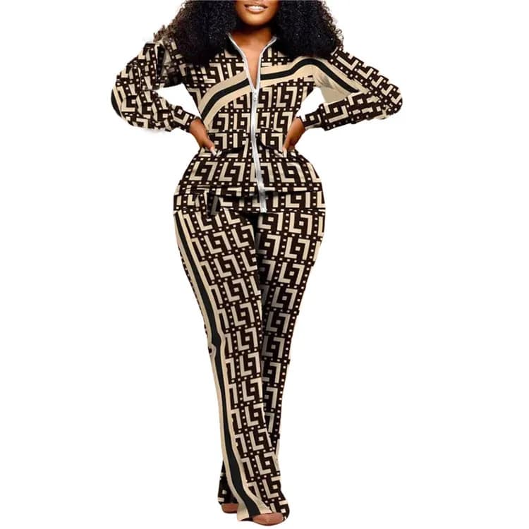 Autumn Winter Fashion Slim Fitting Print Suit Women Long Sleeved Lapel Zipper Top Elastic Waist Trousers Two Piece Set 2024 New