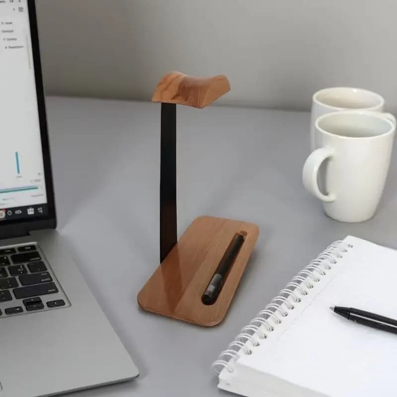 Wooden Necklace Hanger Universal Headphone Display Rack with Pen Slot Wooden Gaming Headphone Stand Aluminium Alloy Arm